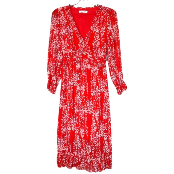 Mopoogoss Women's  Print V Neck Long Sleeve Ruffle Hem Boho Midi Dress S… - Picture 1 of 14